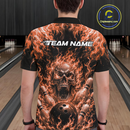 Custom Black And Orange Fire Flame Skull Bowling Jersey, Halloween Bowling Men Polo Shirt IPHW11995