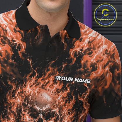 Custom Black And Orange Fire Flame Skull Bowling Jersey, Halloween Bowling Men Polo Shirt IPHW11995