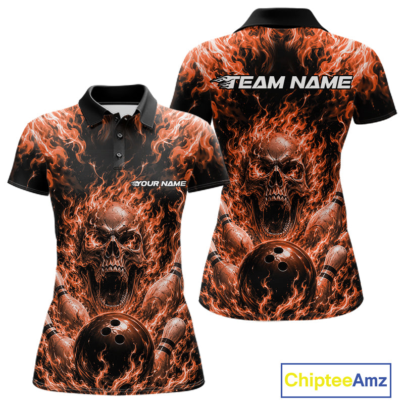 Custom Black And Orange Fire Flame Skull Bowling Jersey, Halloween Bowling Women Polo Shirt IPHW11995