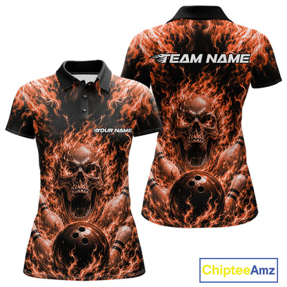 Custom Black And Orange Fire Flame Skull Bowling Jersey, Halloween Bowling Women Polo Shirt IPHW11995