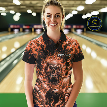 Custom Black And Orange Fire Flame Skull Bowling Jersey, Halloween Bowling Women Polo Shirt IPHW11995