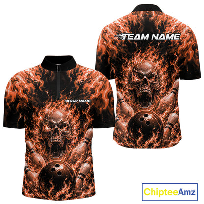 Custom Black And Orange Fire Flame Skull Bowling Jersey, Halloween Bowling Men Quarter Zip Shirt IPHW11995