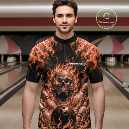 Custom Black And Orange Fire Flame Skull Bowling Jersey, Halloween Bowling Men Quarter Zip Shirt IPHW11995