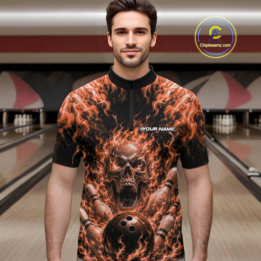 Custom Black And Orange Fire Flame Skull Bowling Jersey, Halloween Bowling Men Quarter Zip Shirt IPHW11995