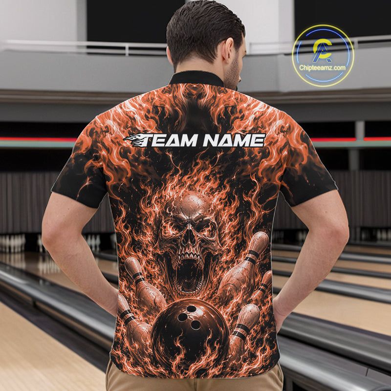 Custom Black And Orange Fire Flame Skull Bowling Jersey, Halloween Bowling Men Quarter Zip Shirt IPHW11995