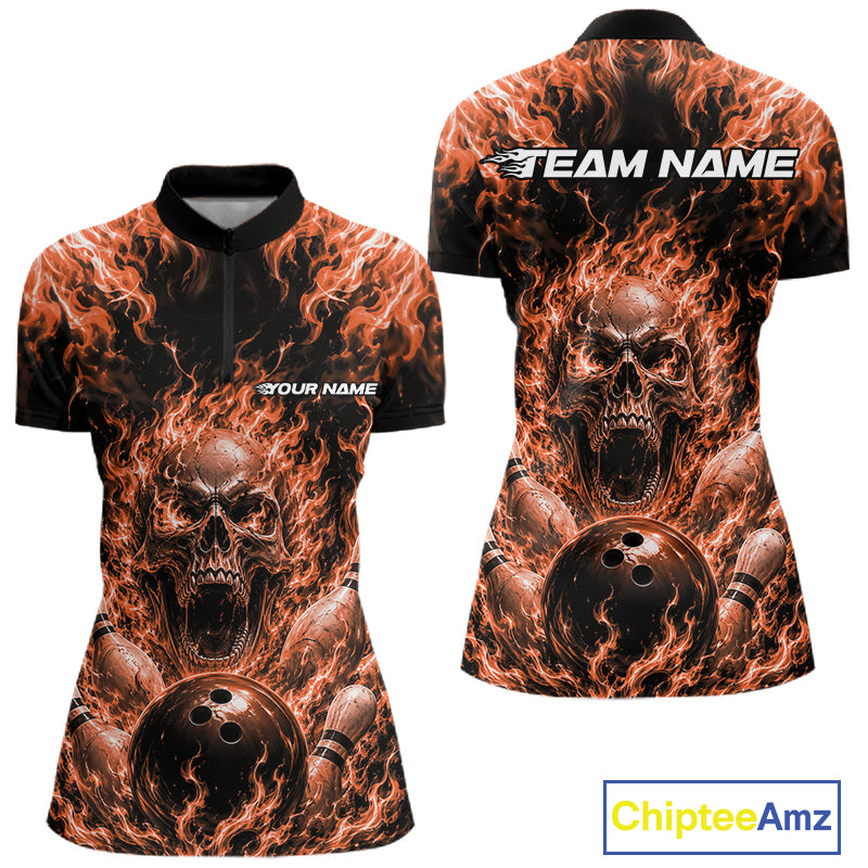 Custom Orange Fire Flame Skull Bowling Jersey, Halloween Bowling Women Quarter-Zip Shirt IPHW11995