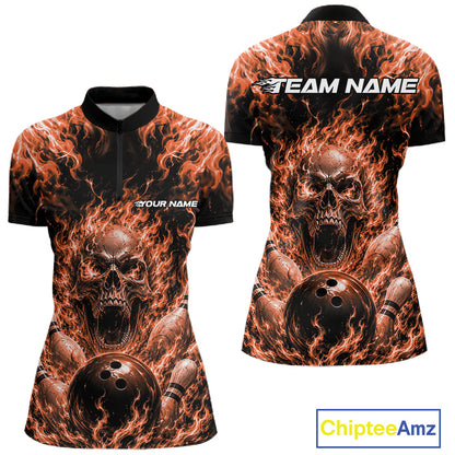 Custom Orange Fire Flame Skull Bowling Jersey, Halloween Bowling Women Quarter-Zip Shirt IPHW11995