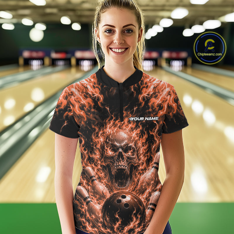 Custom Orange Fire Flame Skull Bowling Jersey, Halloween Bowling Women Quarter-Zip Shirt IPHW11995