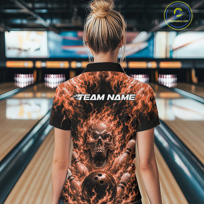 Custom Orange Fire Flame Skull Bowling Jersey, Halloween Bowling Women Quarter-Zip Shirt IPHW11995