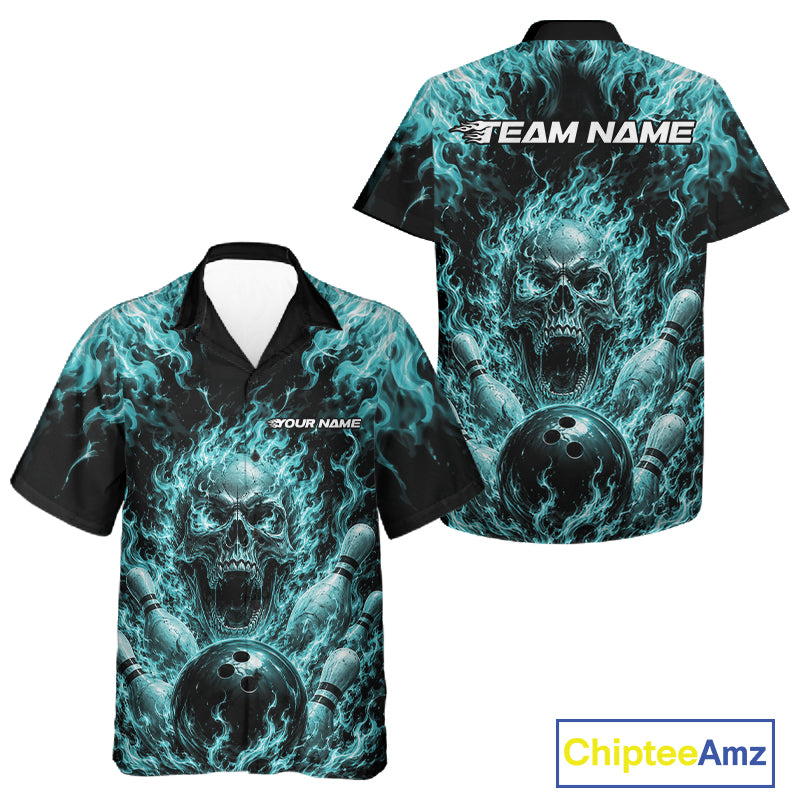Custom Turquoise Blue Fire Flame Skull Bowling Jersey, Halloween Bowling Men And Women Button Up Shirt IPHW11996