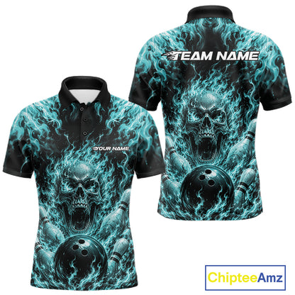 Custom Turquoise Blue Fire Flame Skull Bowling Jersey, Halloween Bowling Men Polo Shirt IPHW11996