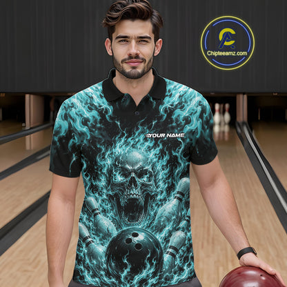 Custom Turquoise Blue Fire Flame Skull Bowling Jersey, Halloween Bowling Men Polo Shirt IPHW11996