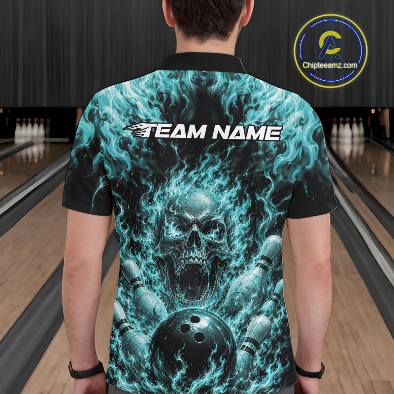 Custom Turquoise Blue Fire Flame Skull Bowling Jersey, Halloween Bowling Men Polo Shirt IPHW11996