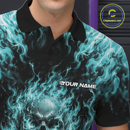 Custom Turquoise Blue Fire Flame Skull Bowling Jersey, Halloween Bowling Men Polo Shirt IPHW11996