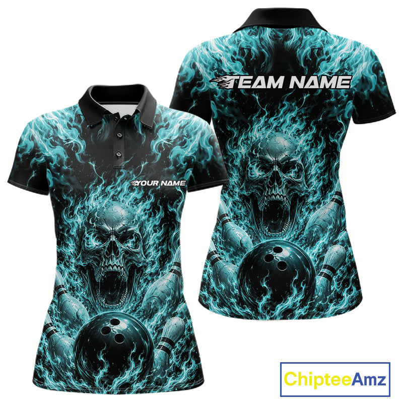 Custom Turquoise Blue Fire Flame Skull Bowling Jersey, Halloween Bowling Women Polo Shirt IPHW11996