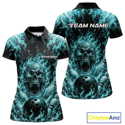 Custom Turquoise Blue Fire Flame Skull Bowling Jersey, Halloween Bowling Women Polo Shirt IPHW11996
