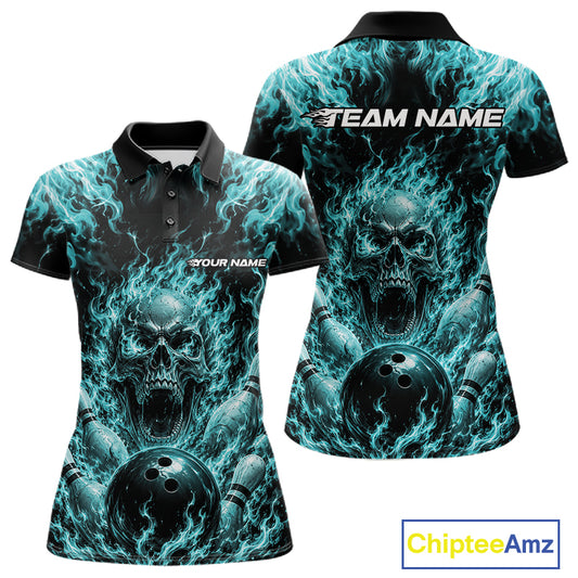 Custom Turquoise Blue Fire Flame Skull Bowling Jersey, Halloween Bowling Women Polo Shirt IPHW11996