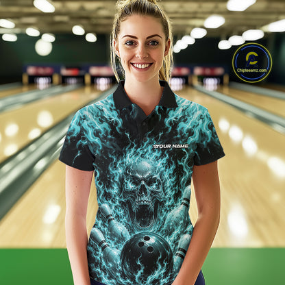 Custom Turquoise Blue Fire Flame Skull Bowling Jersey, Halloween Bowling Women Polo Shirt IPHW11996