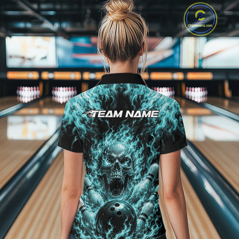 Custom Turquoise Blue Fire Flame Skull Bowling Jersey, Halloween Bowling Women Polo Shirt IPHW11996