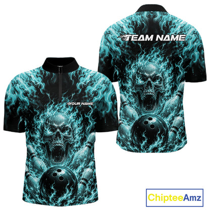 Custom Turquoise Blue Fire Flame Skull Bowling Jersey, Halloween Bowling Men Quarter Zip Shirt IPHW11996
