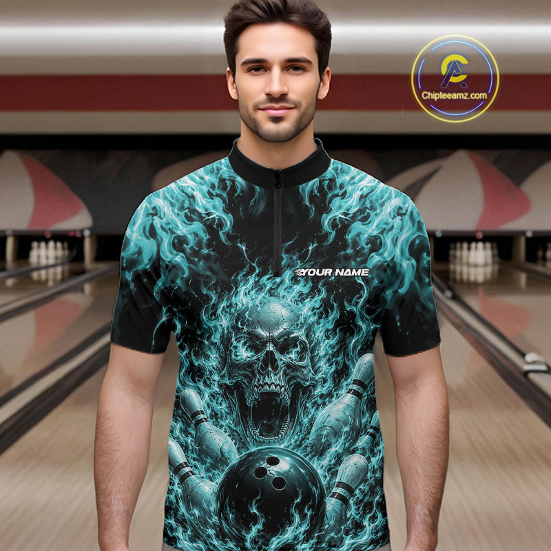 Custom Turquoise Blue Fire Flame Skull Bowling Jersey, Halloween Bowling Men Quarter Zip Shirt IPHW11996
