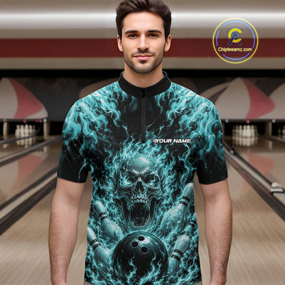 Custom Turquoise Blue Fire Flame Skull Bowling Jersey, Halloween Bowling Men Quarter Zip Shirt IPHW11996