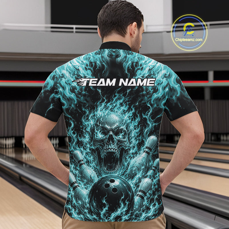 Custom Turquoise Blue Fire Flame Skull Bowling Jersey, Halloween Bowling Men Quarter Zip Shirt IPHW11996