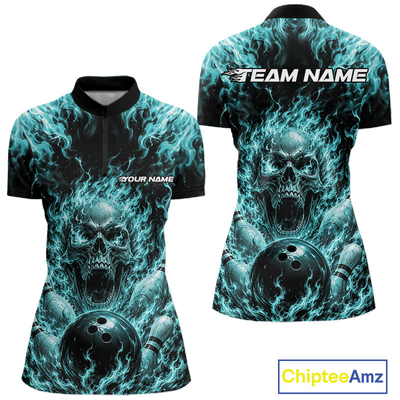 Custom Turquoise Blue Fire Flame Skull Bowling Jersey, Halloween Women Quarter-Zip Shirt IPHW11996