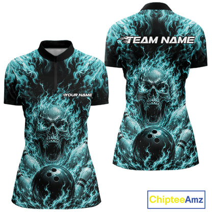 Custom Turquoise Blue Fire Flame Skull Bowling Jersey, Halloween Women Quarter-Zip Shirt IPHW11996