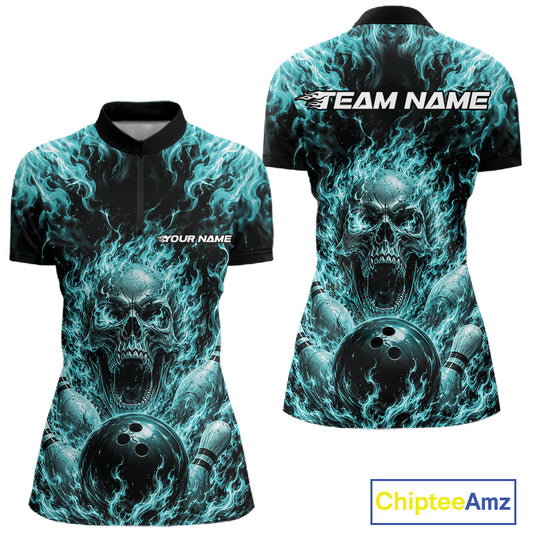 Custom Turquoise Blue Fire Flame Skull Bowling Jersey, Halloween Women Quarter-Zip Shirt IPHW11996