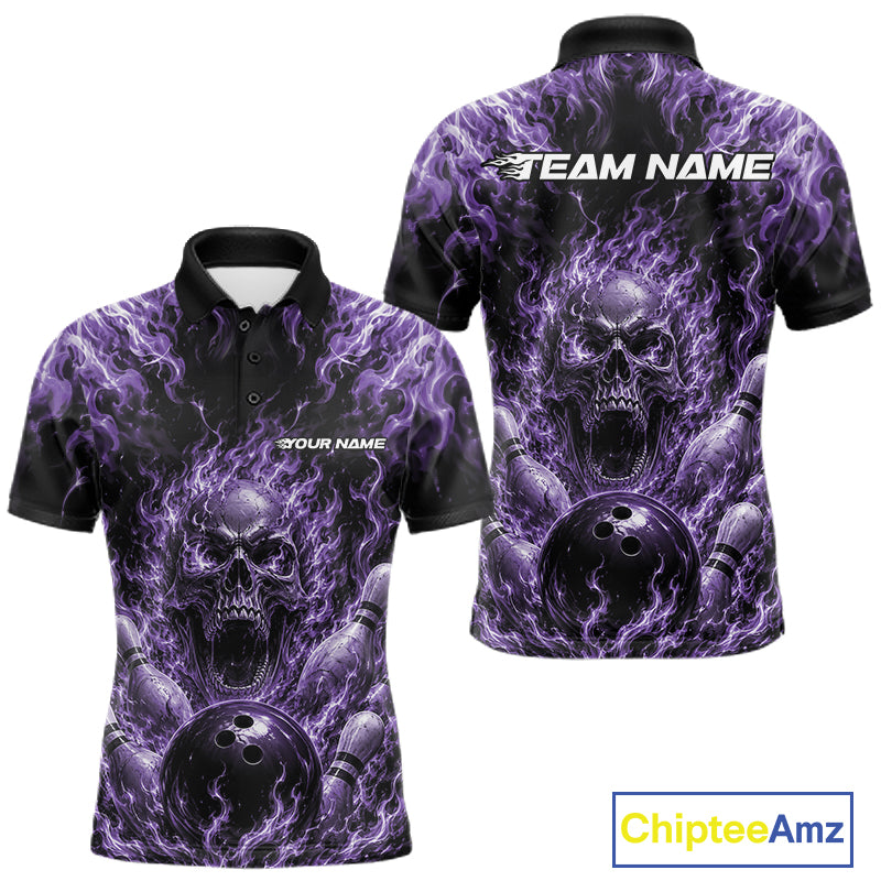 Custom Black And Purple Fire Flame Skull Bowling Jersey, Halloween Bowling Men Polo Shirt IPHW11997