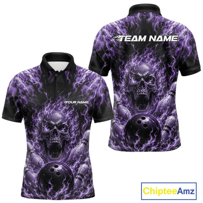 Custom Black And Purple Fire Flame Skull Bowling Jersey, Halloween Bowling Men Polo Shirt IPHW11997