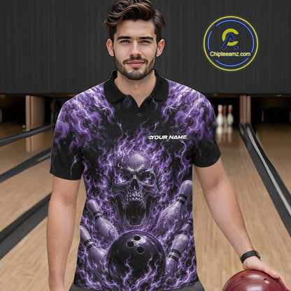Custom Black And Purple Fire Flame Skull Bowling Jersey, Halloween Bowling Men Polo Shirt IPHW11997