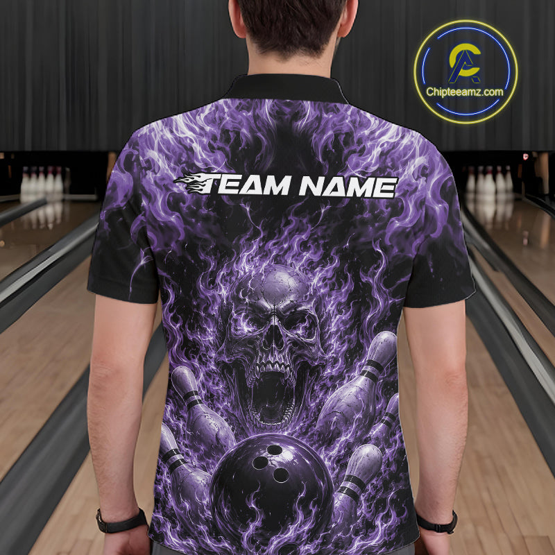 Custom Black And Purple Fire Flame Skull Bowling Jersey, Halloween Bowling Men Polo Shirt IPHW11997