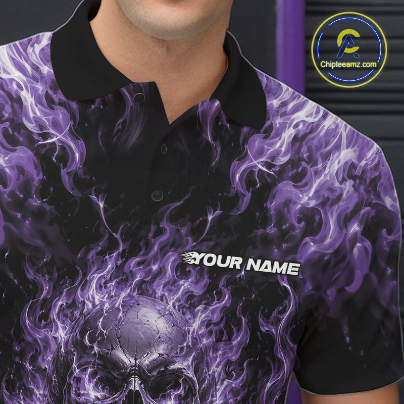 Custom Black And Purple Fire Flame Skull Bowling Jersey, Halloween Bowling Men Polo Shirt IPHW11997