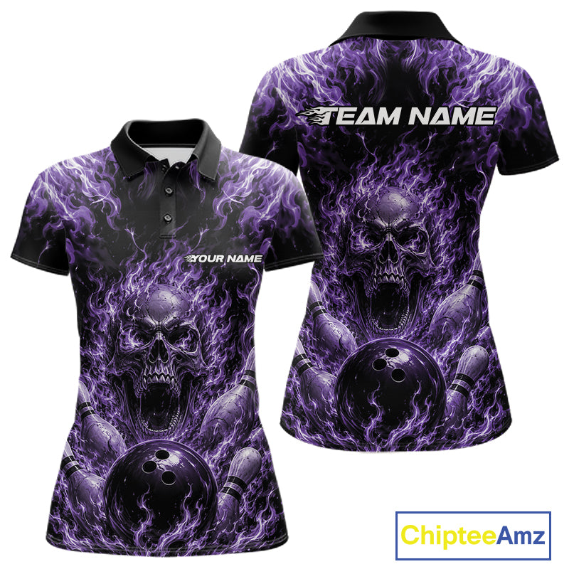 Custom Black And Purple Fire Flame Skull Bowling Jersey, Halloween Bowling Women Polo Shirt IPHW11997