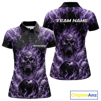 Custom Black And Purple Fire Flame Skull Bowling Jersey, Halloween Bowling Women Polo Shirt IPHW11997