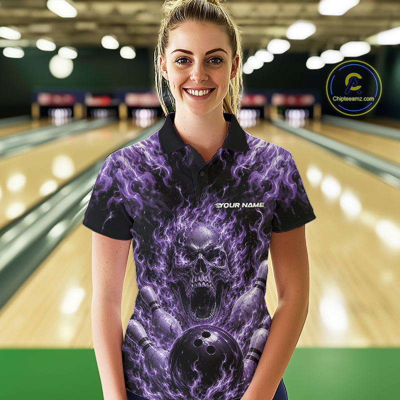 Custom Black And Purple Fire Flame Skull Bowling Jersey, Halloween Bowling Women Polo Shirt IPHW11997
