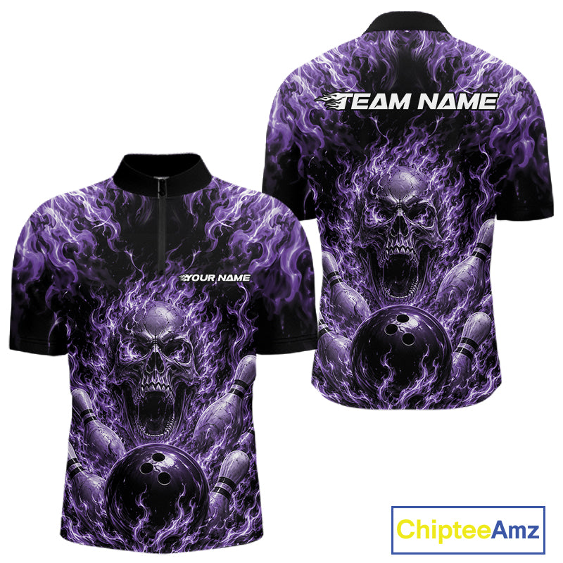 Custom Black And Purple Fire Flame Skull Bowling Jersey, Halloween Bowling Men Quarter Zip Shirt IPHW11997