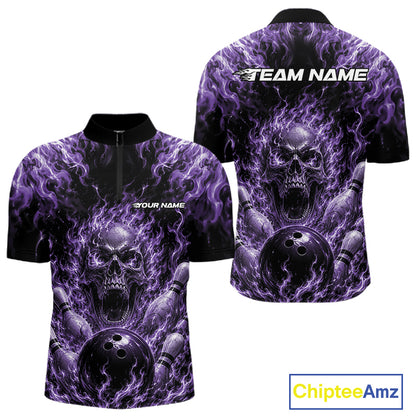 Custom Black And Purple Fire Flame Skull Bowling Jersey, Halloween Bowling Men Quarter Zip Shirt IPHW11997