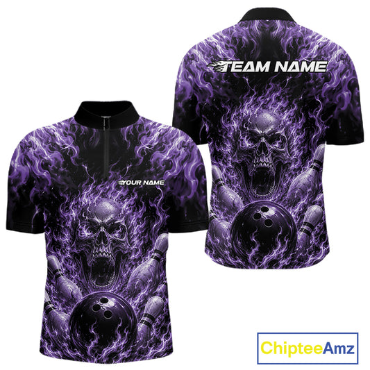 Custom Black And Purple Fire Flame Skull Bowling Jersey, Halloween Bowling Men Quarter Zip Shirt IPHW11997