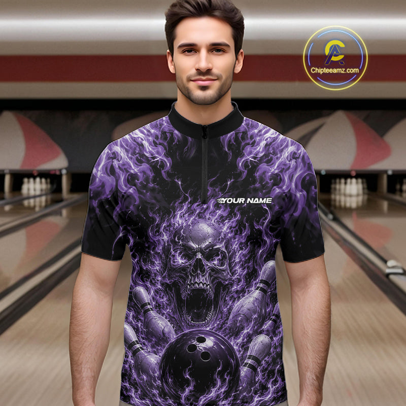 Custom Black And Purple Fire Flame Skull Bowling Jersey, Halloween Bowling Men Quarter Zip Shirt IPHW11997