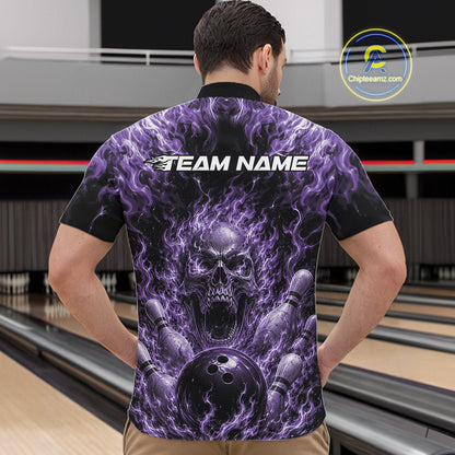 Custom Black And Purple Fire Flame Skull Bowling Jersey, Halloween Bowling Men Quarter Zip Shirt IPHW11997