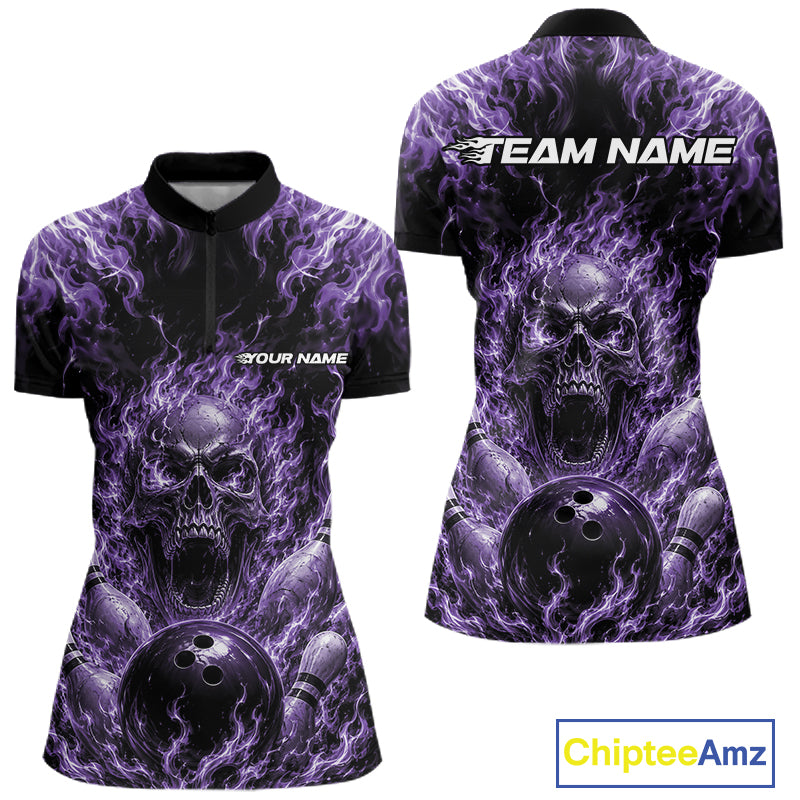 Custom Purple Fire Flame Skull Bowling Jersey, Halloween Bowling Women Quarter-Zip Shirt IPHW11997