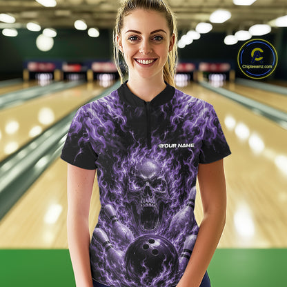 Custom Purple Fire Flame Skull Bowling Jersey, Halloween Bowling Women Quarter-Zip Shirt IPHW11997