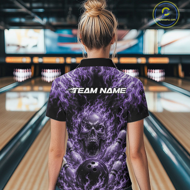 Custom Purple Fire Flame Skull Bowling Jersey, Halloween Bowling Women Quarter-Zip Shirt IPHW11997