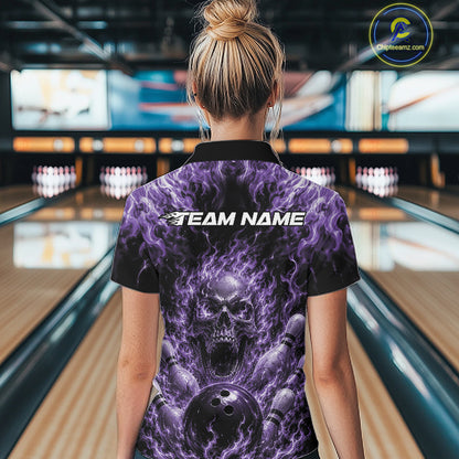 Custom Purple Fire Flame Skull Bowling Jersey, Halloween Bowling Women Quarter-Zip Shirt IPHW11997