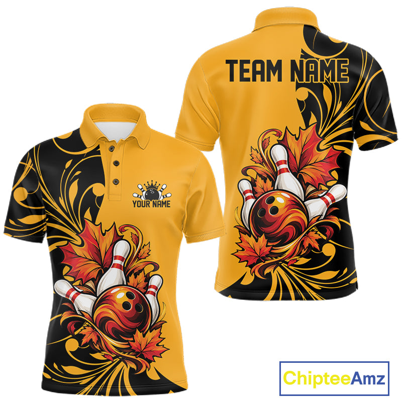 Custom Black And Yellow Autumn Maple Leaf Thanksgiving Bowling Team Men Polo Shirt IPHW12801