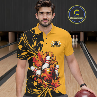 Custom Black And Yellow Autumn Maple Leaf Thanksgiving Bowling Team Men Polo Shirt IPHW12801