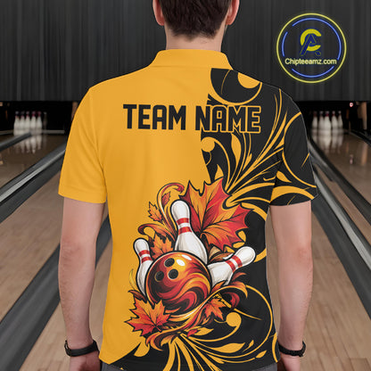 Custom Black And Yellow Autumn Maple Leaf Thanksgiving Bowling Team Men Polo Shirt IPHW12801